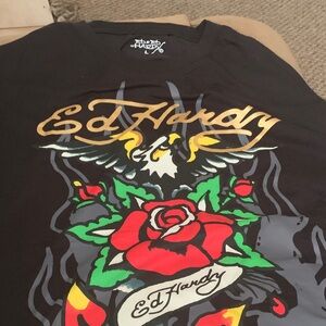 Ed Hardy Black Tee with Red Rose and Eagle Design